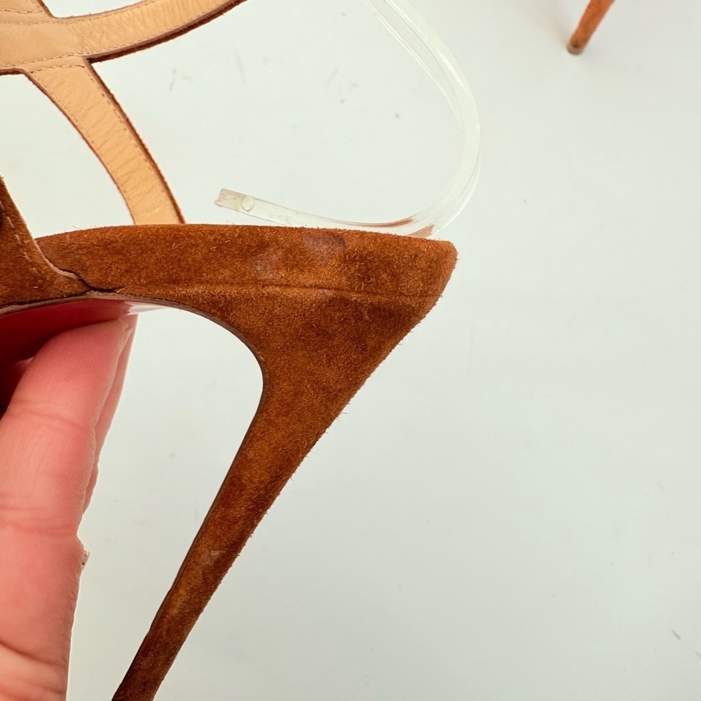 Christian Louboutin Galeria 100mm Cognac Suede studded Heels Sandals EU 37 - Picture 10 of 14